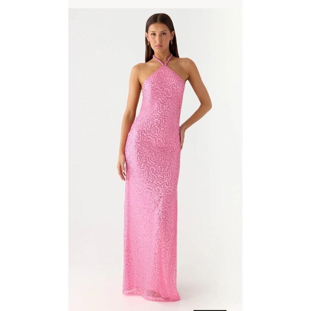 Peppermayo Lorenz Sequin Maxi Dress Pink Halter Beaded US 8 AU 12 NWT